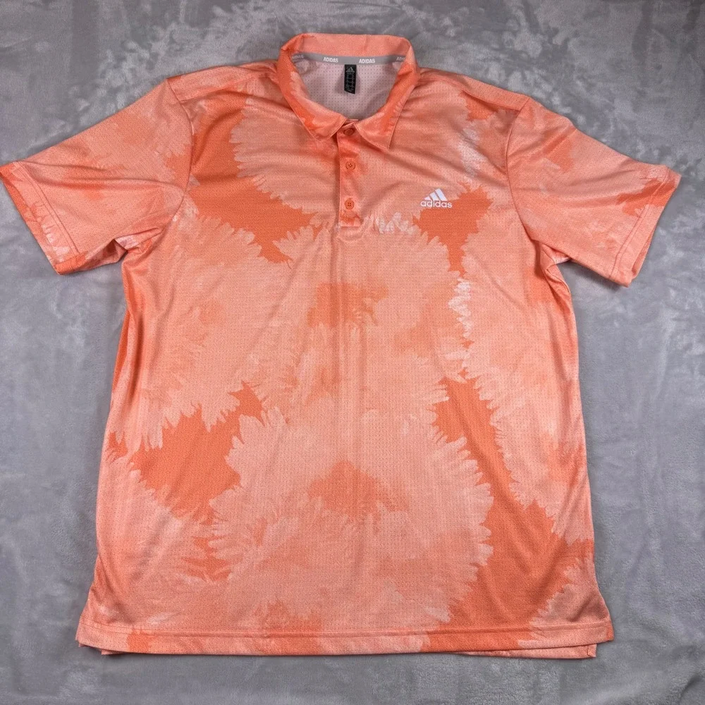 Adidas Golf Orange Floral Tie Dye Mesh Performance Polo Shirt Men XL ShortSleeve